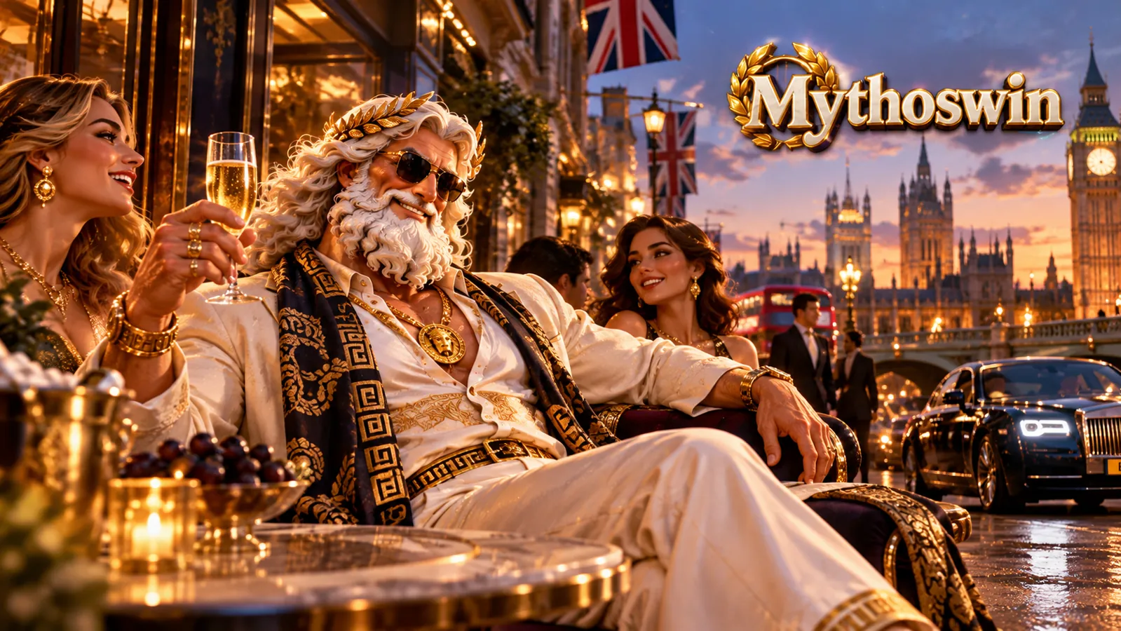 Zeus relaxing in London beside Big Ben — Mythoswin welcome bonus for UK players