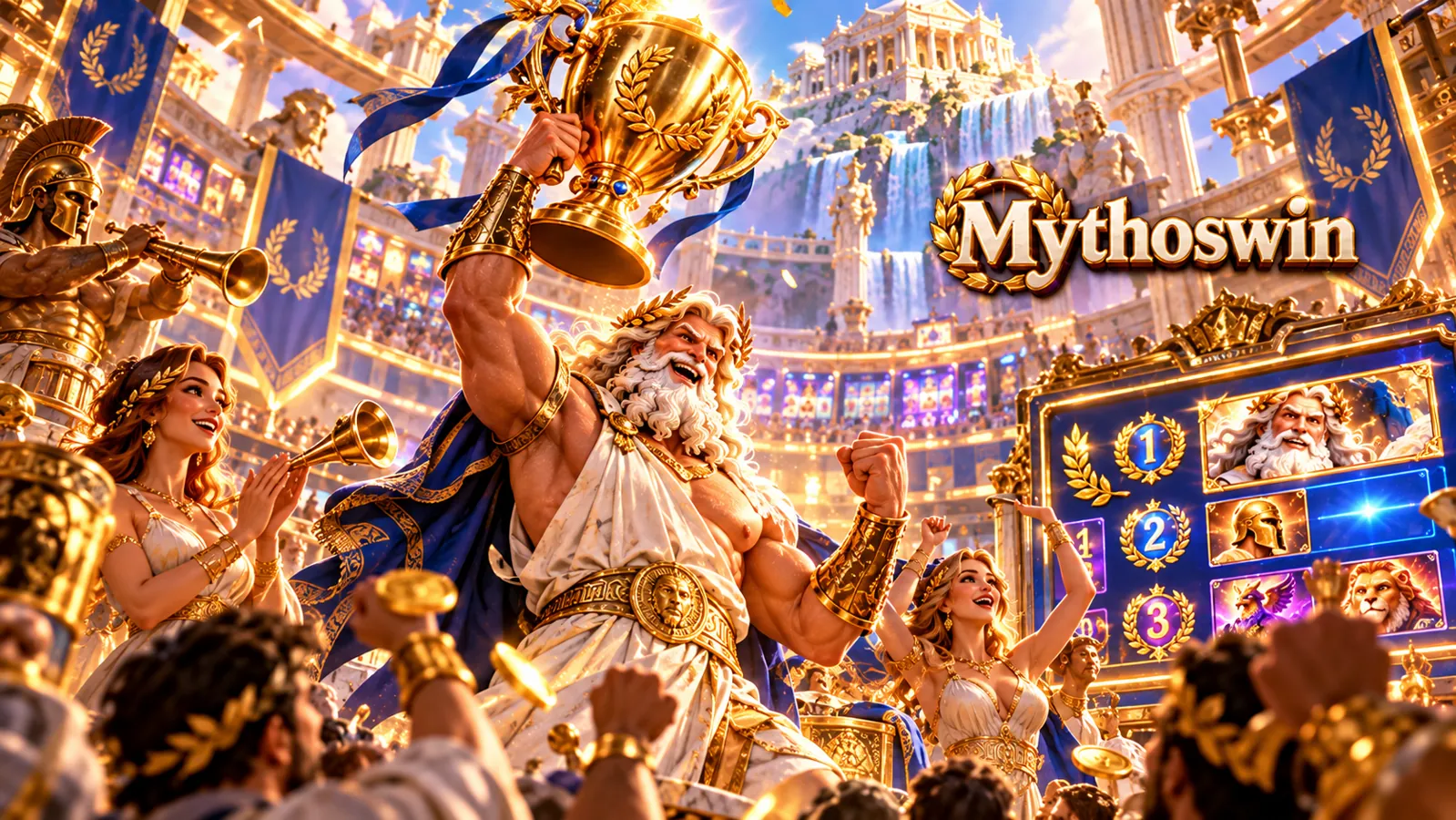 Zeus lifting a golden trophy over a leaderboard — Mythoswin sportsbook offer