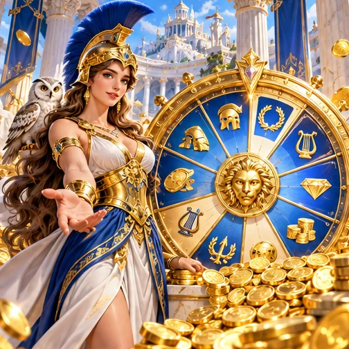 Athena beside a blue prize wheel — Mythoswin tournaments