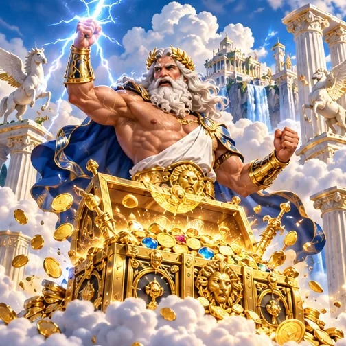 Zeus on a golden treasure chest — Mythoswin welcome bonus