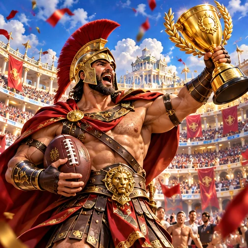 A Spartan holding a trophy and a football — Mythoswin sportsbook acca boost